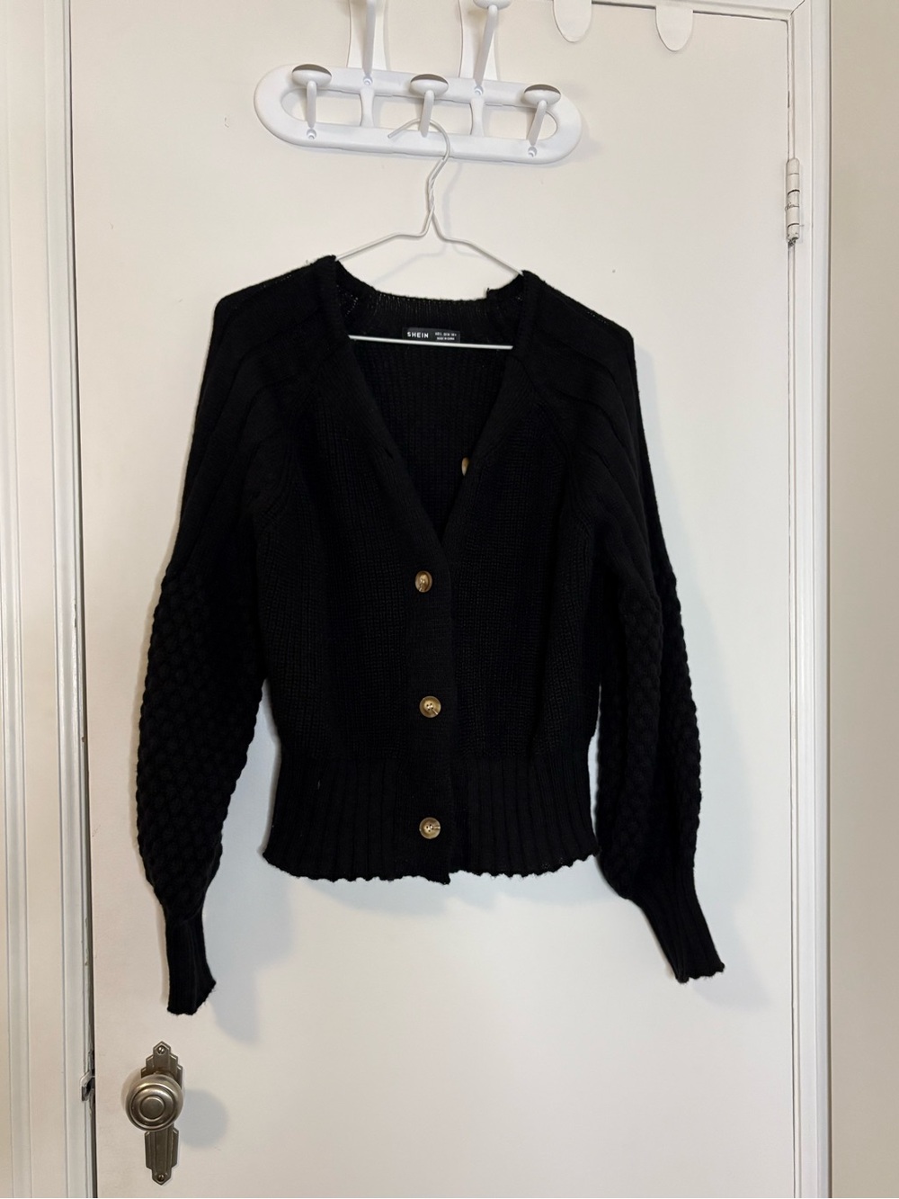 SHEIN Black Knit Button-Up Cardigan with Textured Sleeves